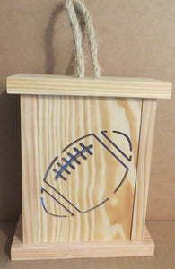 Wooden Lantern with Leaf carving on face. LED candle inside to illuminate the Leaf Outline. Also a Rope handle for the Lid.